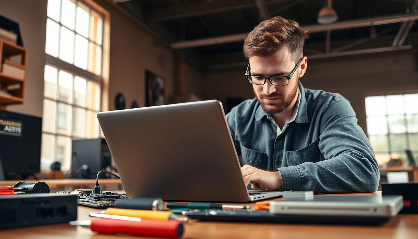 Riparazione computer settimo torinese con un tecnico al lavoro su un laptop.