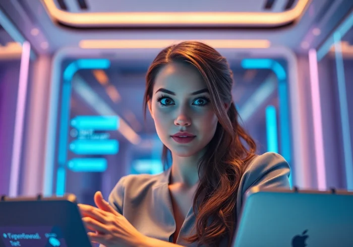 Engaging female AI character in a futuristic chat setting showcasing crushin ai capabilities.