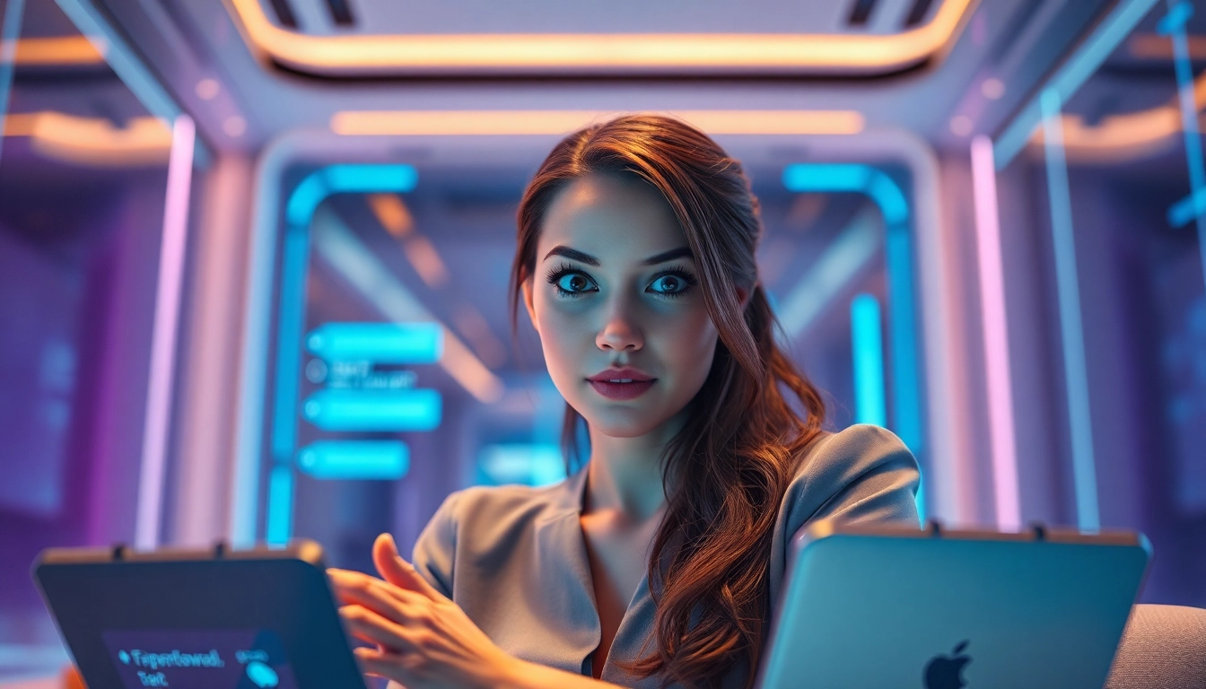 Engaging female AI character in a futuristic chat setting showcasing crushin ai capabilities.