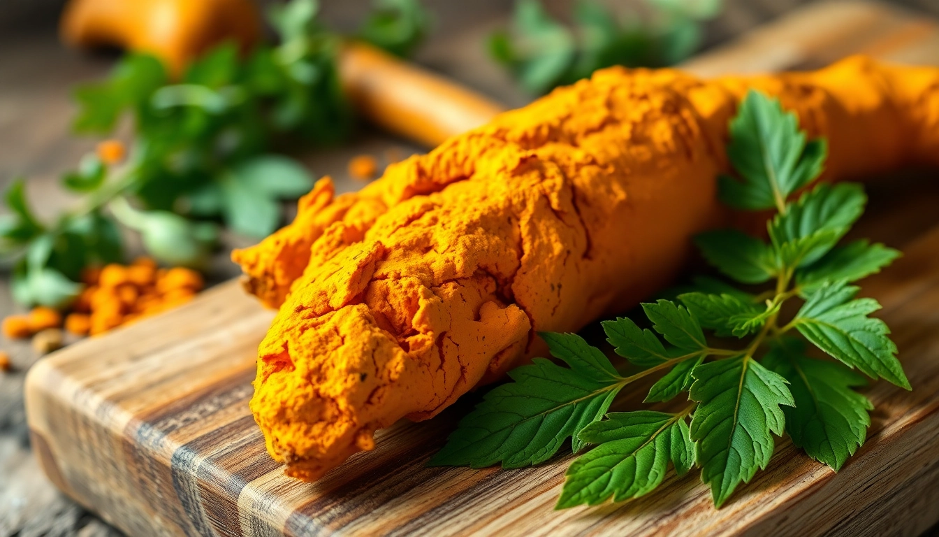 Fresh Turmeric Root displayed on a wooden board, highlighting its vibrant color and texture.