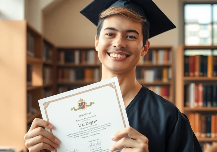 Showcasing an original UK degree held by a proud graduate in a university setting.