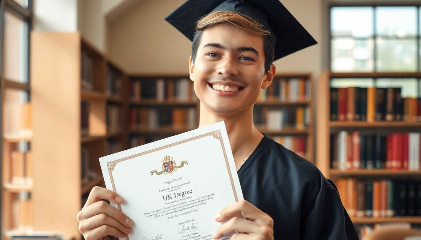 Showcasing an original UK degree held by a proud graduate in a university setting.