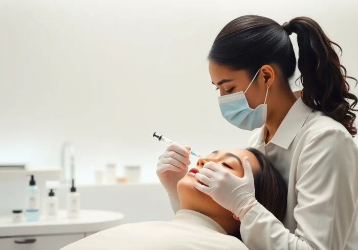 Professional administering the Fett-weg Spritze in a modern aesthetic clinic, emphasizing a caring environment.