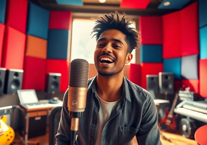 Musical artist passionately singing in a vibrant studio, showcasing the art of music creation.