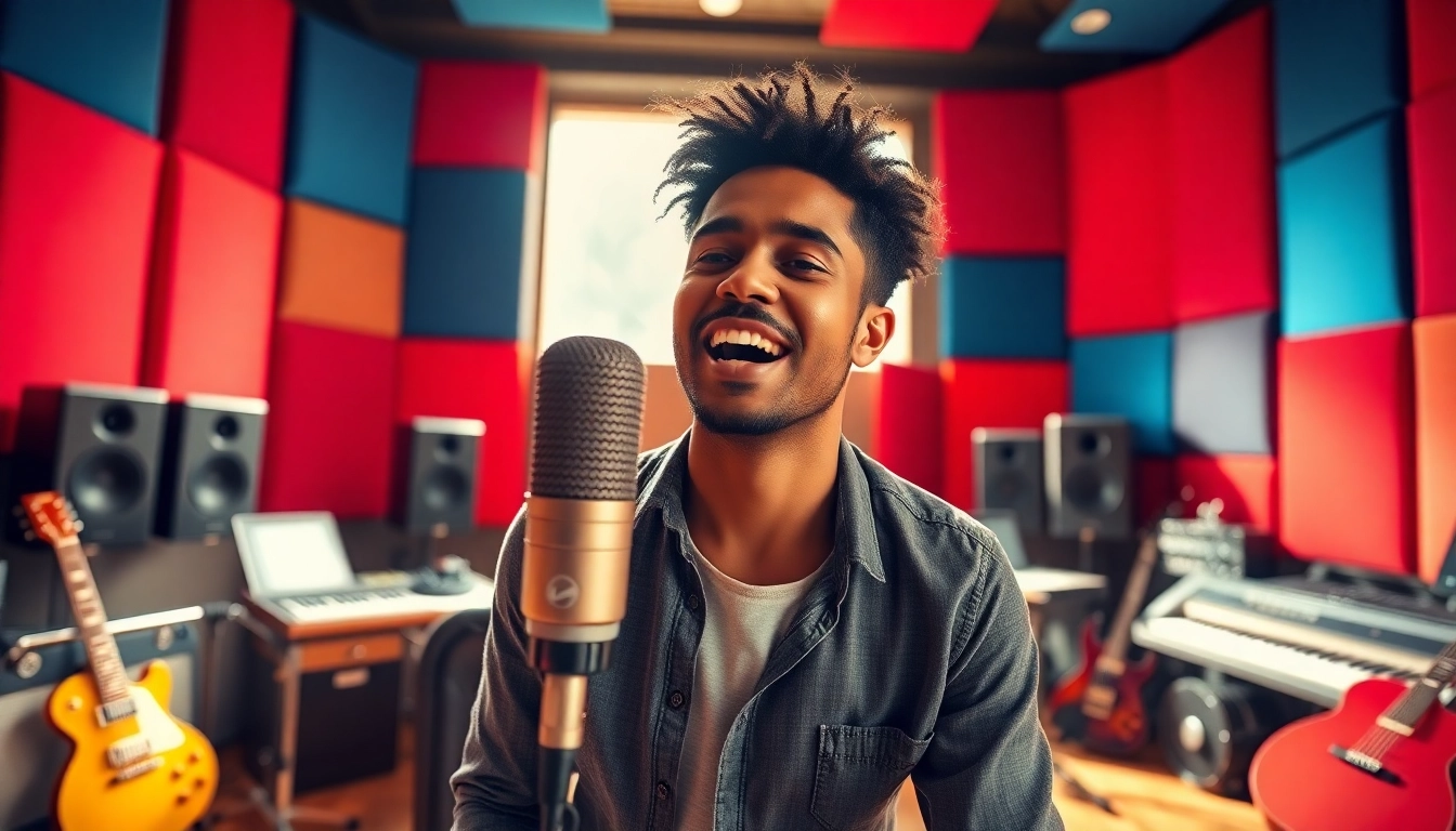 Musical artist passionately singing in a vibrant studio, showcasing the art of music creation.
