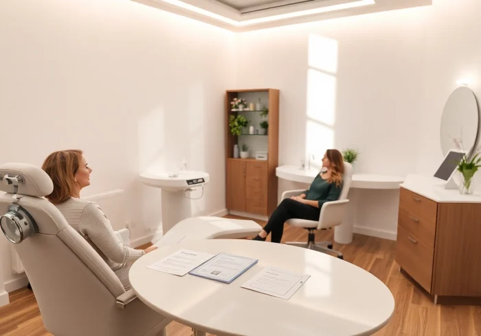 Consultation on Fett-weg Spritze treatment in a serene aesthetic clinic, showcasing a calming environment.