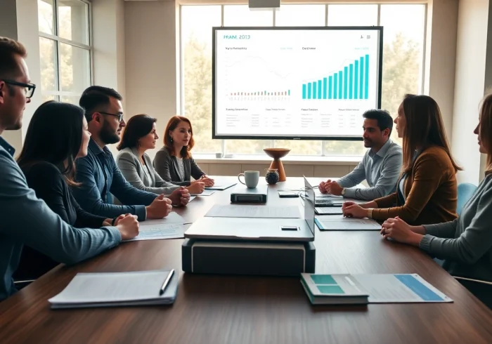 Des experts de la société de gestion de patrimoine familial discutent autour d'une table de réunion avec des documents financiers.