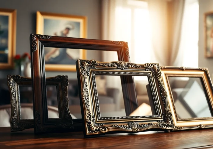 Showcasing ornate picture frames with intricate designs in a stylish living room setting.