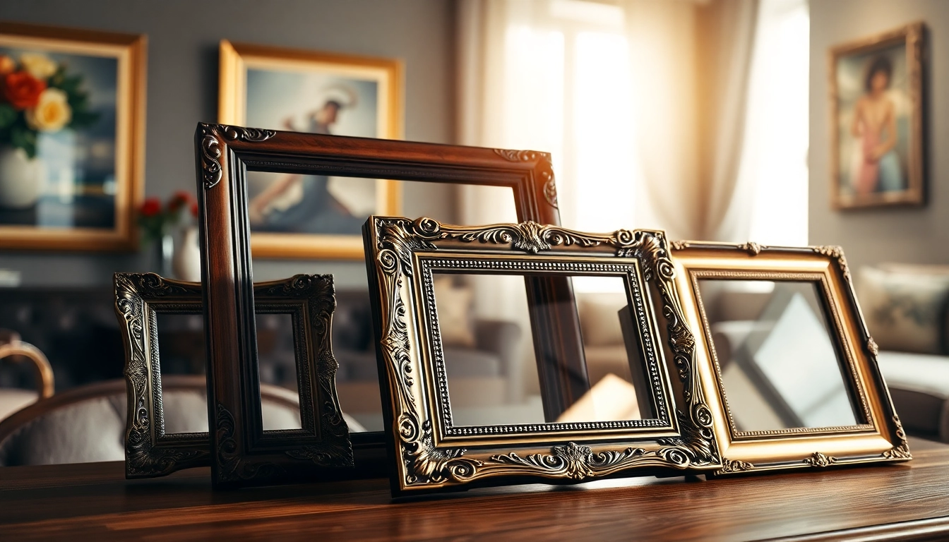 Showcasing ornate picture frames with intricate designs in a stylish living room setting.