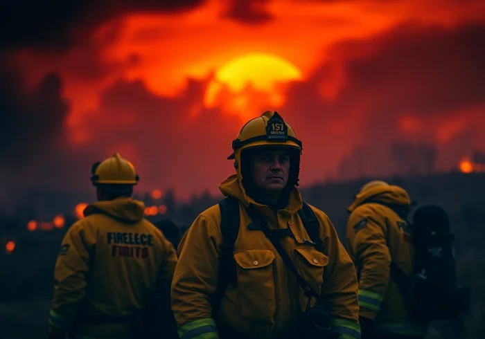 Firefighters battling wildfire events with dramatic flames in the background.