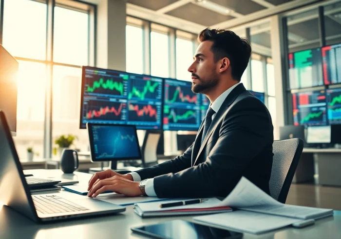 Trading futures with a trader at a modern desk, analyzing market data.