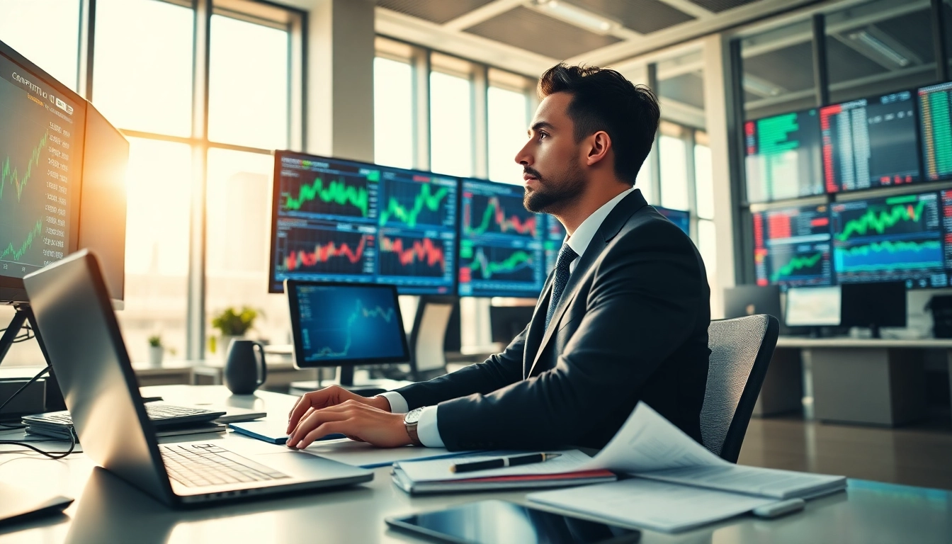 Trading futures with a trader at a modern desk, analyzing market data.