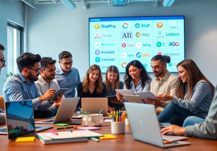 Capture the essence of AI business branding with a collaborative team designing logos in an innovative workspace.