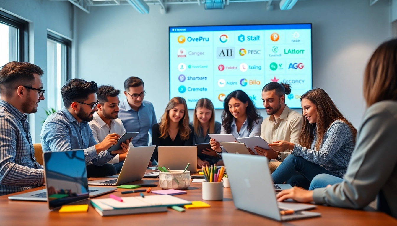 Capture the essence of AI business branding with a collaborative team designing logos in an innovative workspace.