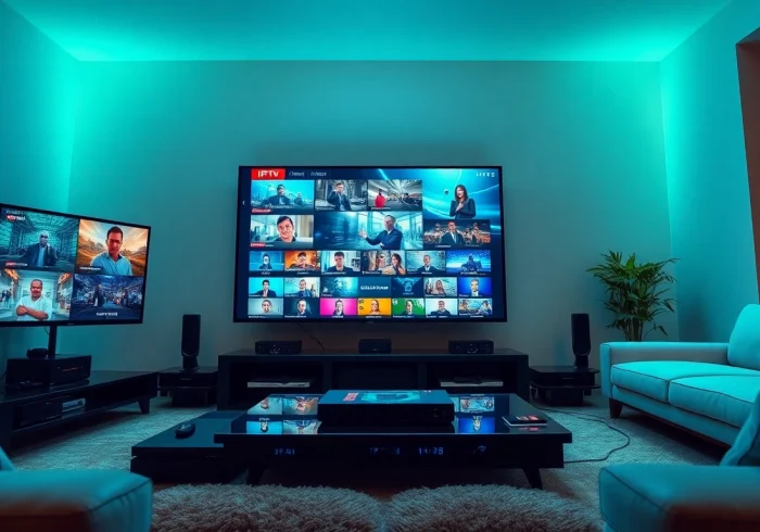Stream IPTV test line showcased on multiple screens in a modern living room setup.