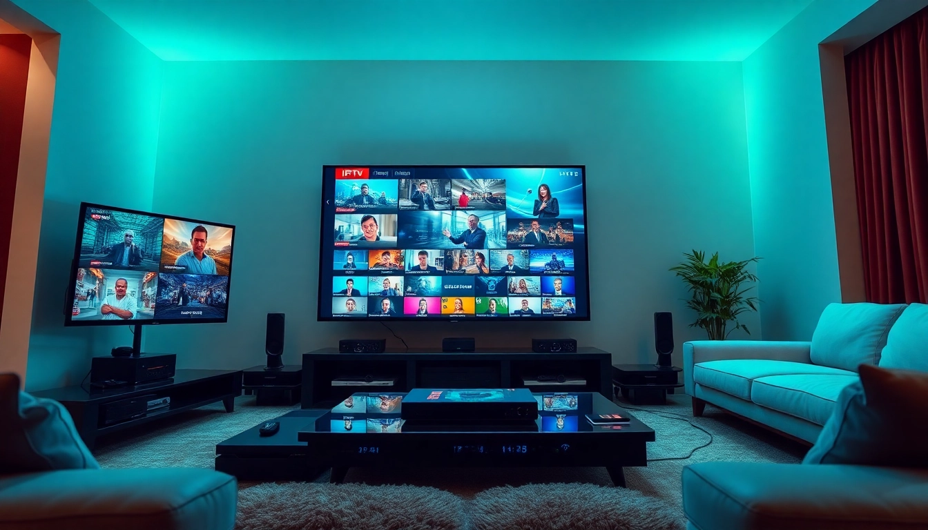 Stream IPTV test line showcased on multiple screens in a modern living room setup.