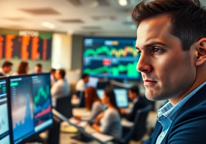 Trader analyzing trade futures market data on high-tech screens.