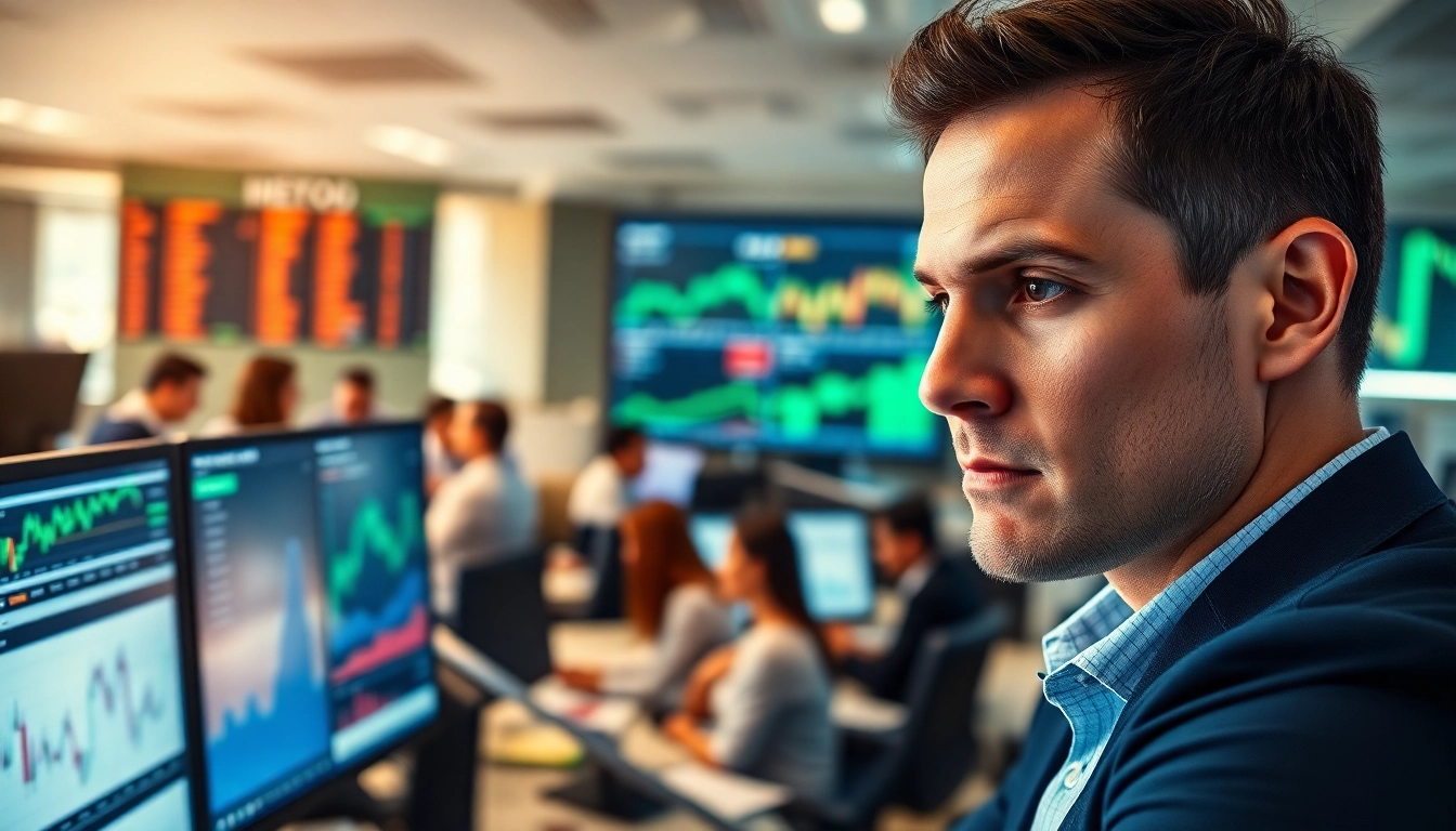 Trader analyzing trade futures market data on high-tech screens.