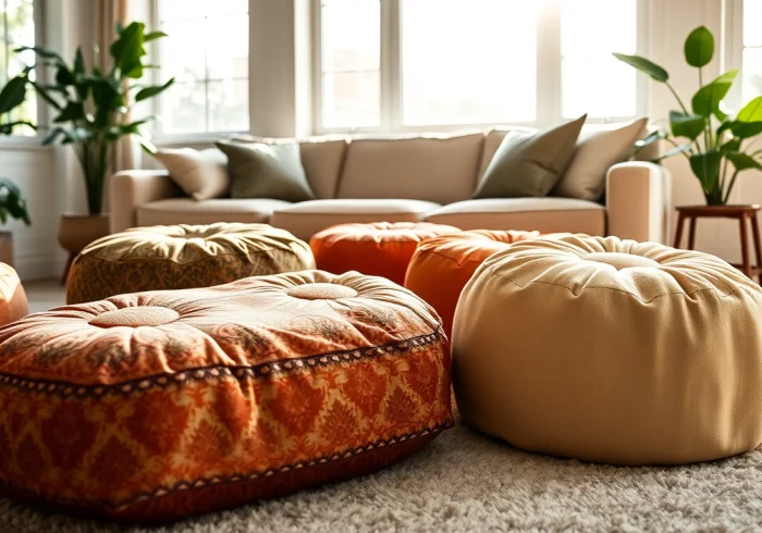 Cactus silk Poufs positioned elegantly in a chic living room, highlighting their vibrant textures.