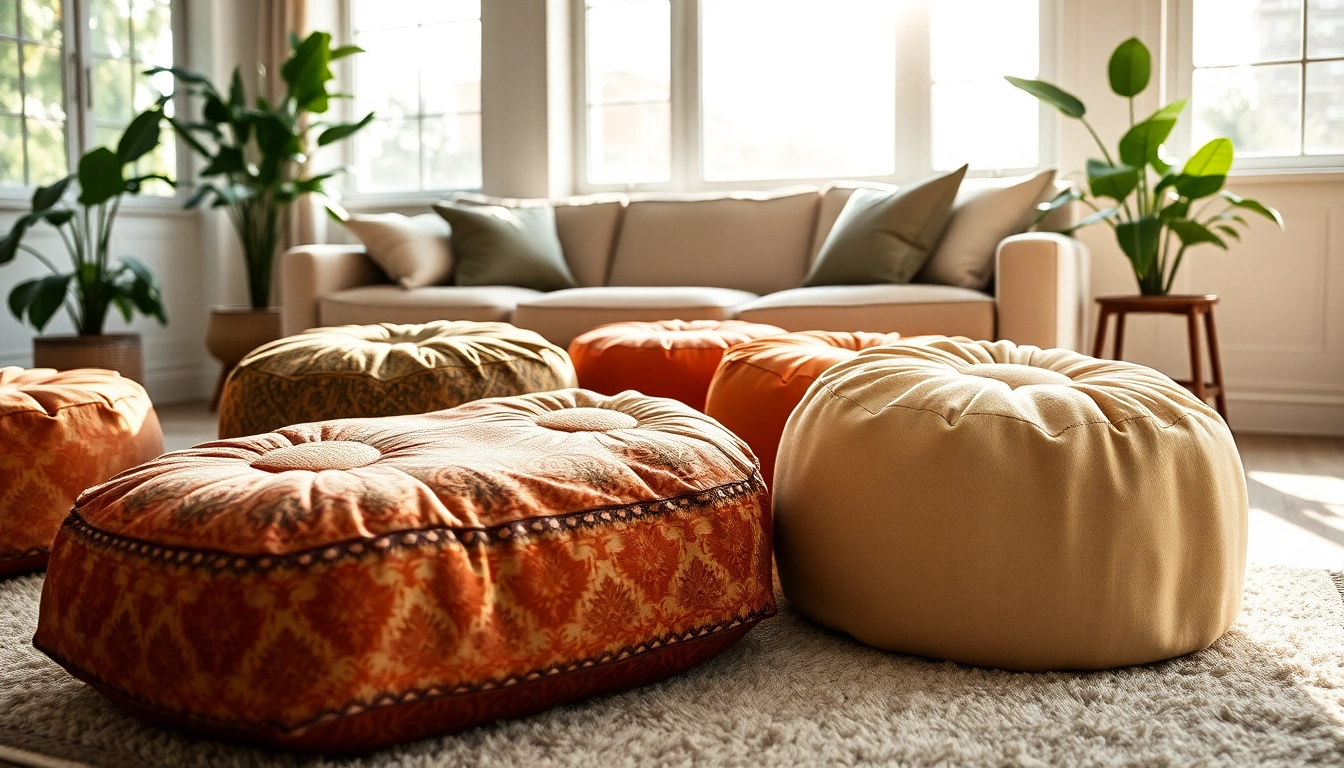 Cactus silk Poufs positioned elegantly in a chic living room, highlighting their vibrant textures.