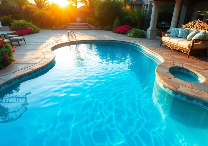 Enhance your backyard with a breathtaking custom pool surrounded by lush greenery and elegant decor.