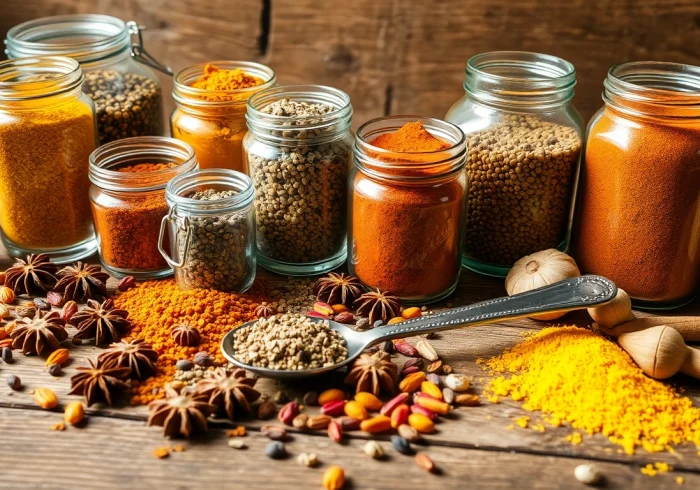 Préparer des épices orientales sur une table en bois rustique pour inspirer la cuisine.