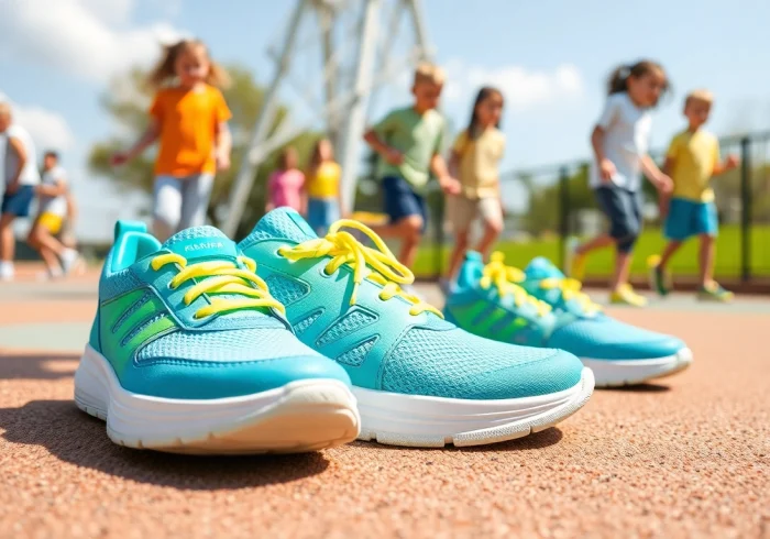 Atmungsaktive Kinderschuhe für Kinder auf einem sonnigen Spielplatz, die die Freude am Spielen fördern.