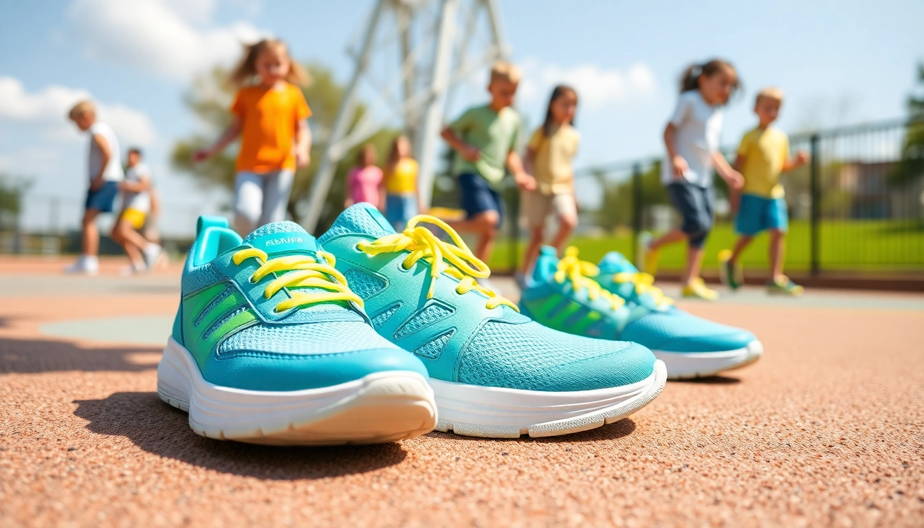 Atmungsaktive Kinderschuhe für Kinder auf einem sonnigen Spielplatz, die die Freude am Spielen fördern.