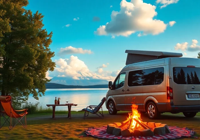 View a perfect campervan by a tranquil lake, featuring a cozy campfire setup at sunset.
