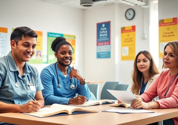 Engaged healthcare professionals studying Care certificate answers in a bright classroom.