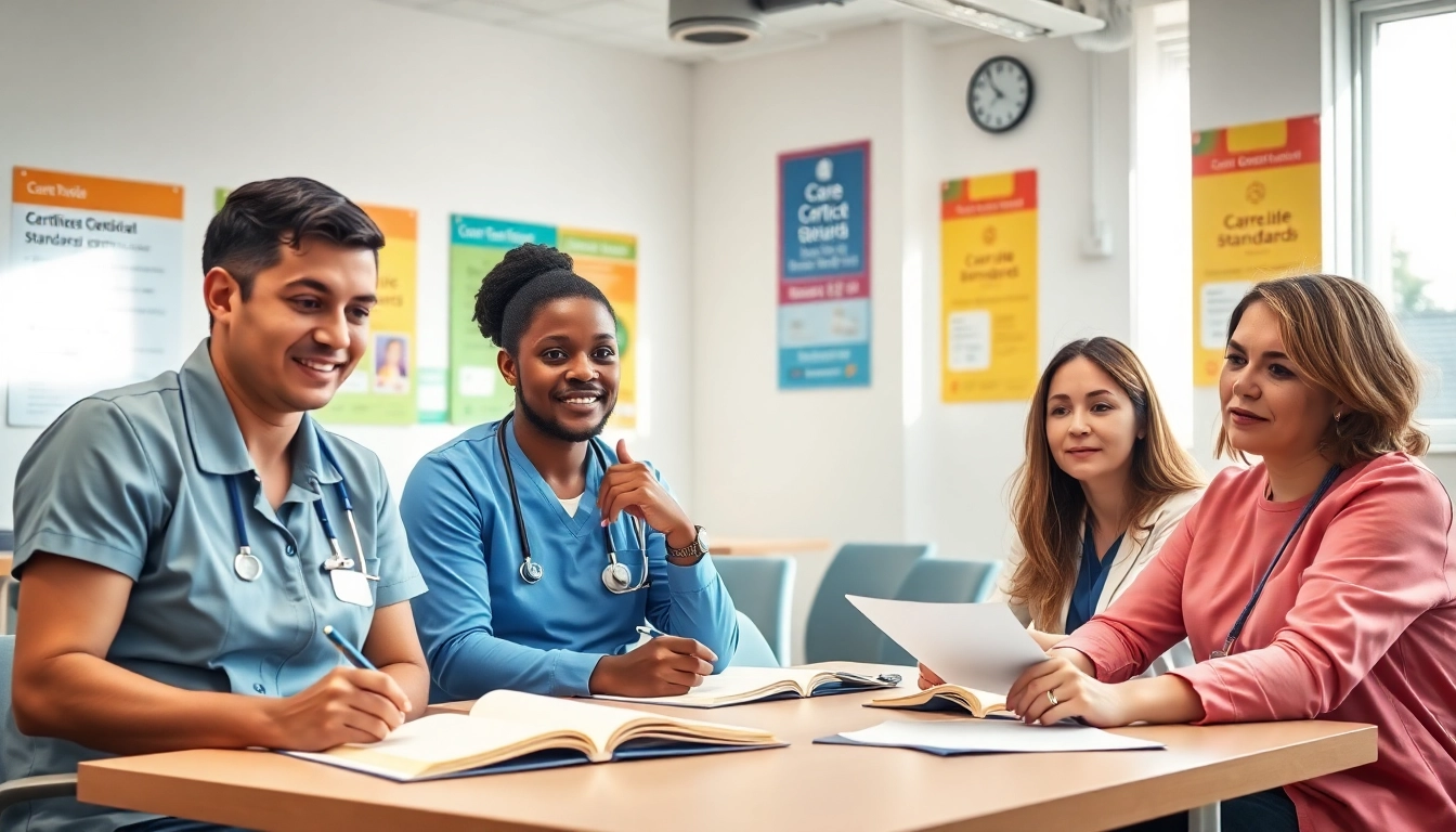 Engaged healthcare professionals studying Care certificate answers in a bright classroom.
