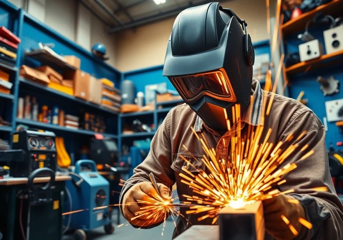 Shop for welding supplies near me with a skilled professional utilizing high-quality equipment in a vibrant workshop.