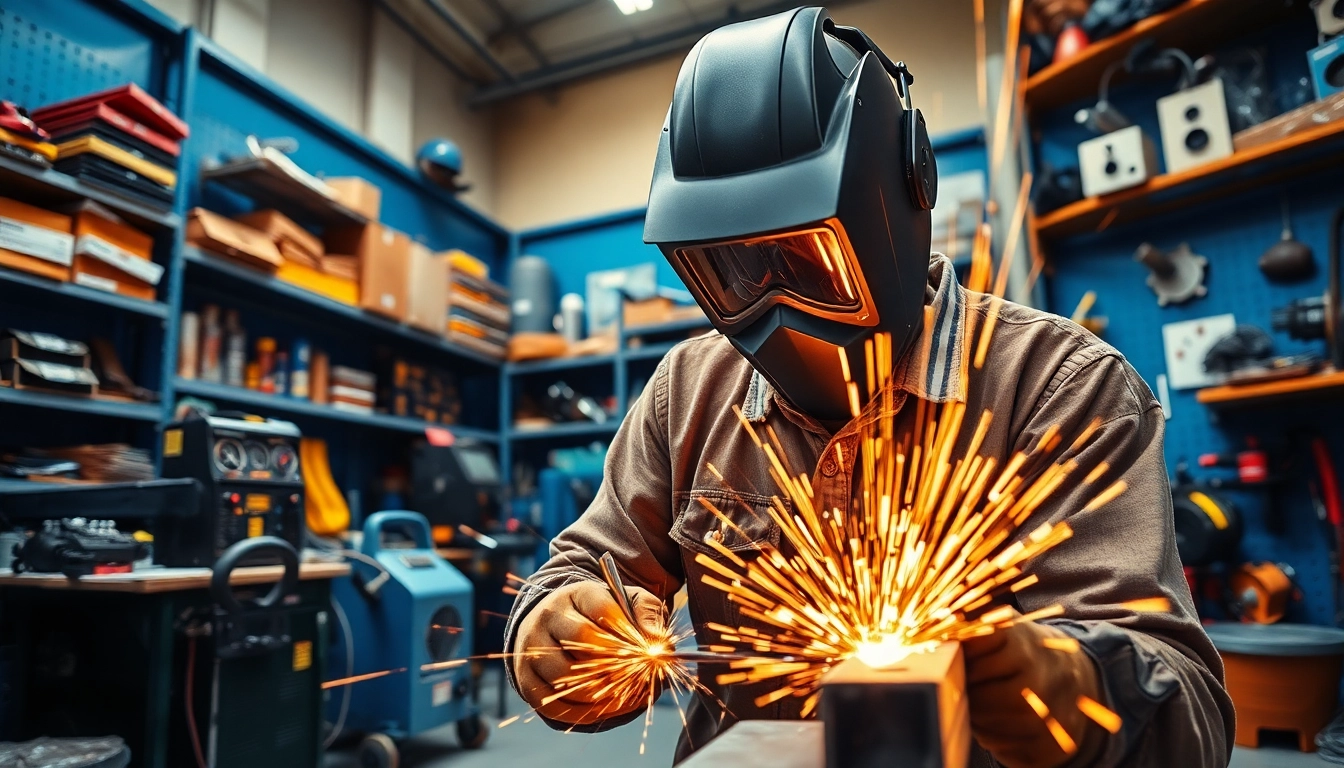 Shop for welding supplies near me with a skilled professional utilizing high-quality equipment in a vibrant workshop.