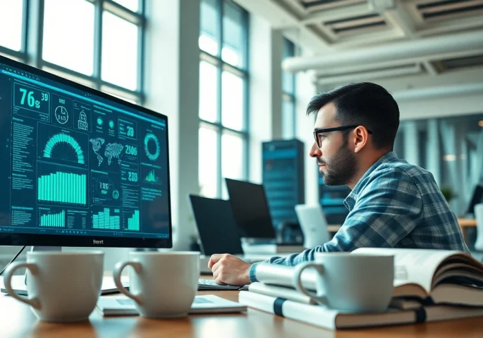 Engaged professional taking a cyber security course focused on data analysis in a bright office.