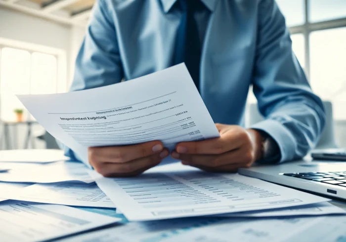 Accountant conducting an impairment test with financial documents in a bright office setting.