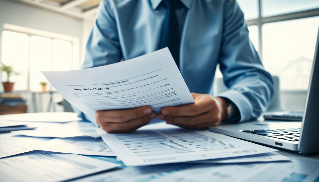 Accountant conducting an impairment test with financial documents in a bright office setting.