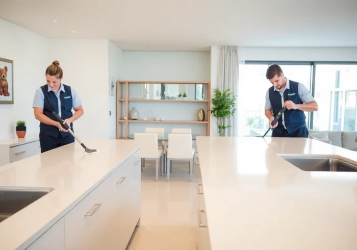Cleaners performing bond cleaning Brisbane in a bright apartment, showcasing professionalism and efficiency.