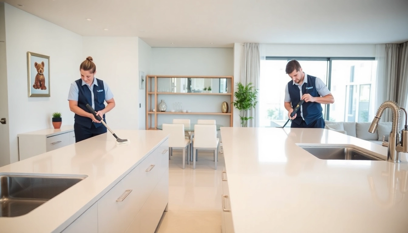 Cleaners performing bond cleaning Brisbane in a bright apartment, showcasing professionalism and efficiency.