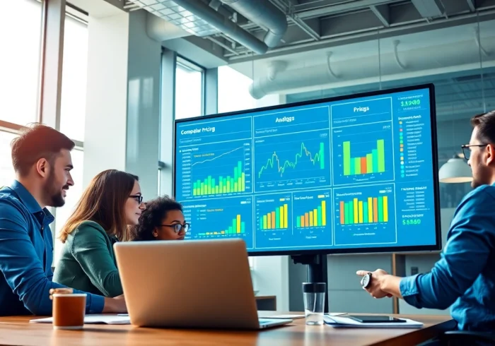 Engaged team conducting competitor pricing research analysis with data on large screens.