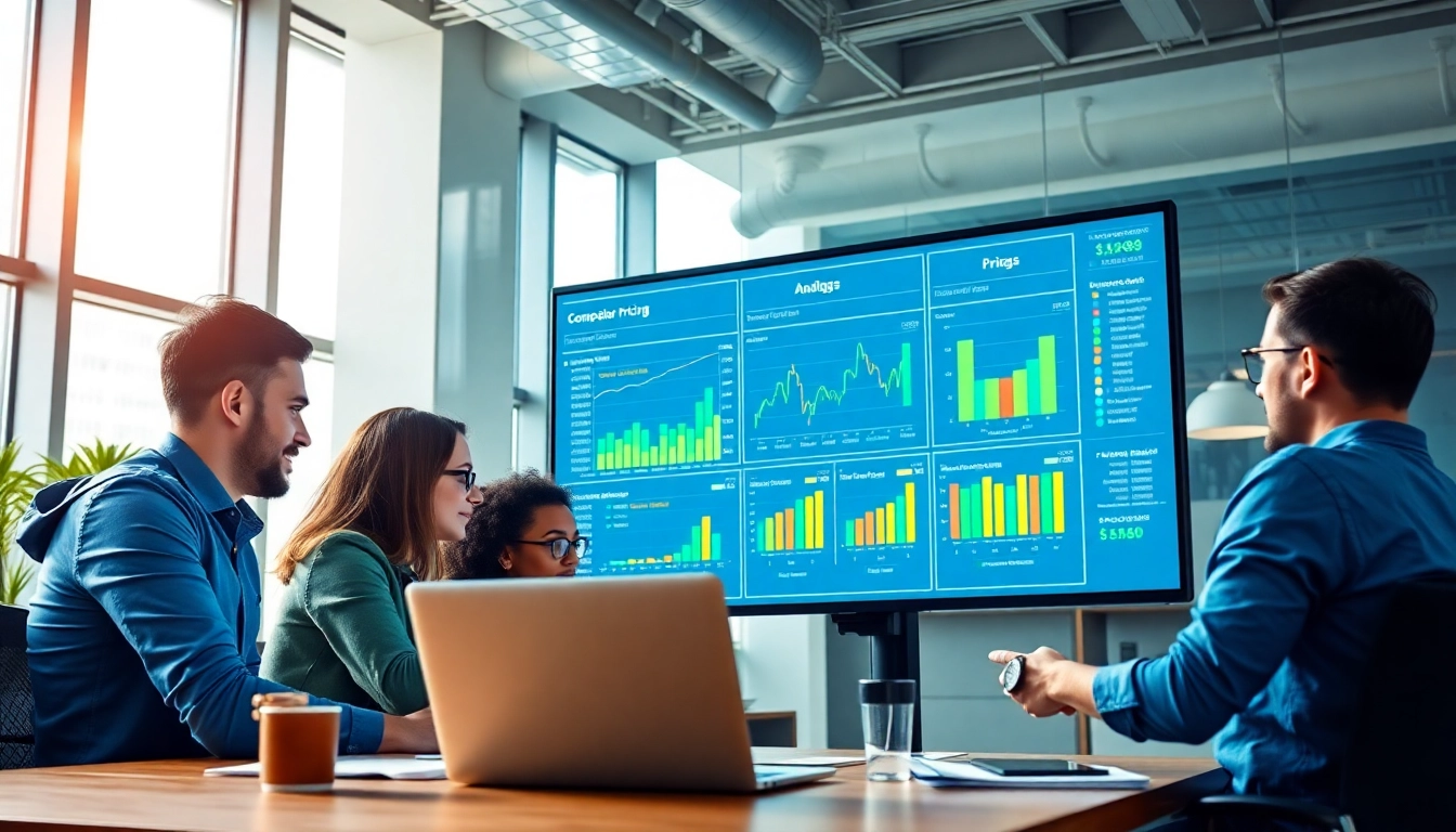 Engaged team conducting competitor pricing research analysis with data on large screens.