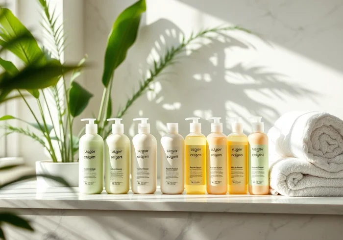 Sulfate free shampoo elegantly displayed among lush plants in a modern bathroom setting.