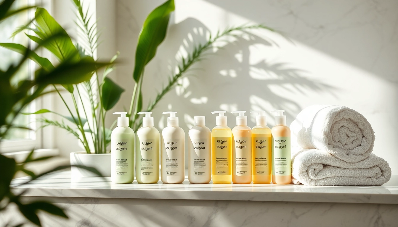 Sulfate free shampoo elegantly displayed among lush plants in a modern bathroom setting.