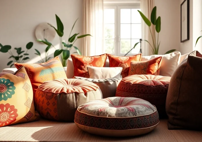 Stylish cactus silk poufs from https://labboho.com/collections/cactus-silk-poufs beautifully displayed in a modern living room.
