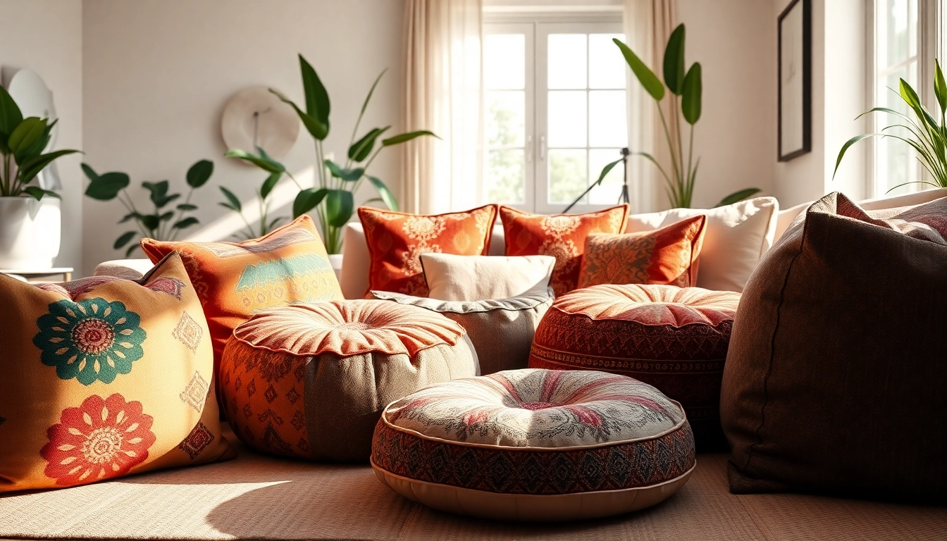 Stylish cactus silk poufs from https://labboho.com/collections/cactus-silk-poufs beautifully displayed in a modern living room.