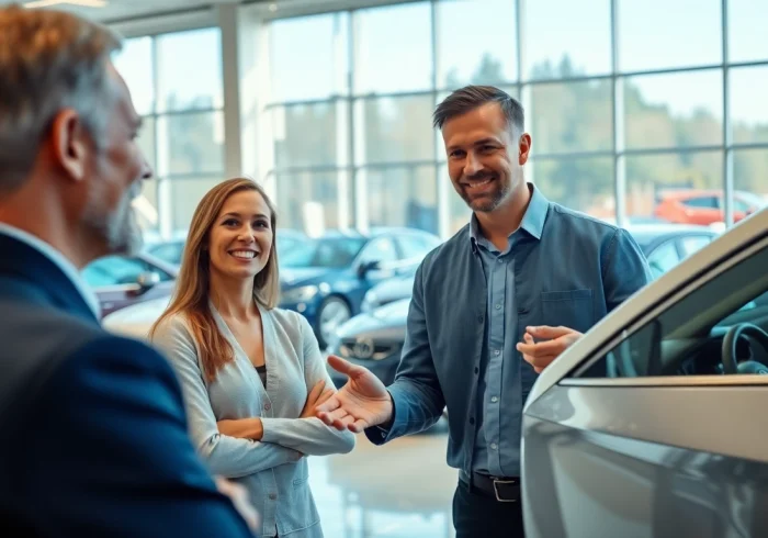Engaging image depicting a Competitive car Part Exchange scenario with a customer and salesperson in a modern dealership.