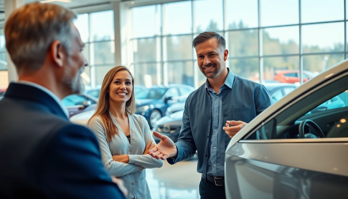 Engaging image depicting a Competitive car Part Exchange scenario with a customer and salesperson in a modern dealership.