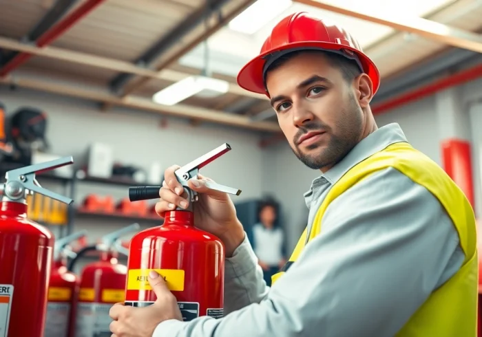Fire extinguisher servicing Lichfield: Technician inspecting a fire extinguisher in a professional workshop.