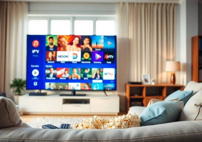 Explore IPTV Subscription USA options on a smart TV in a cozy living room with remote and snacks.
