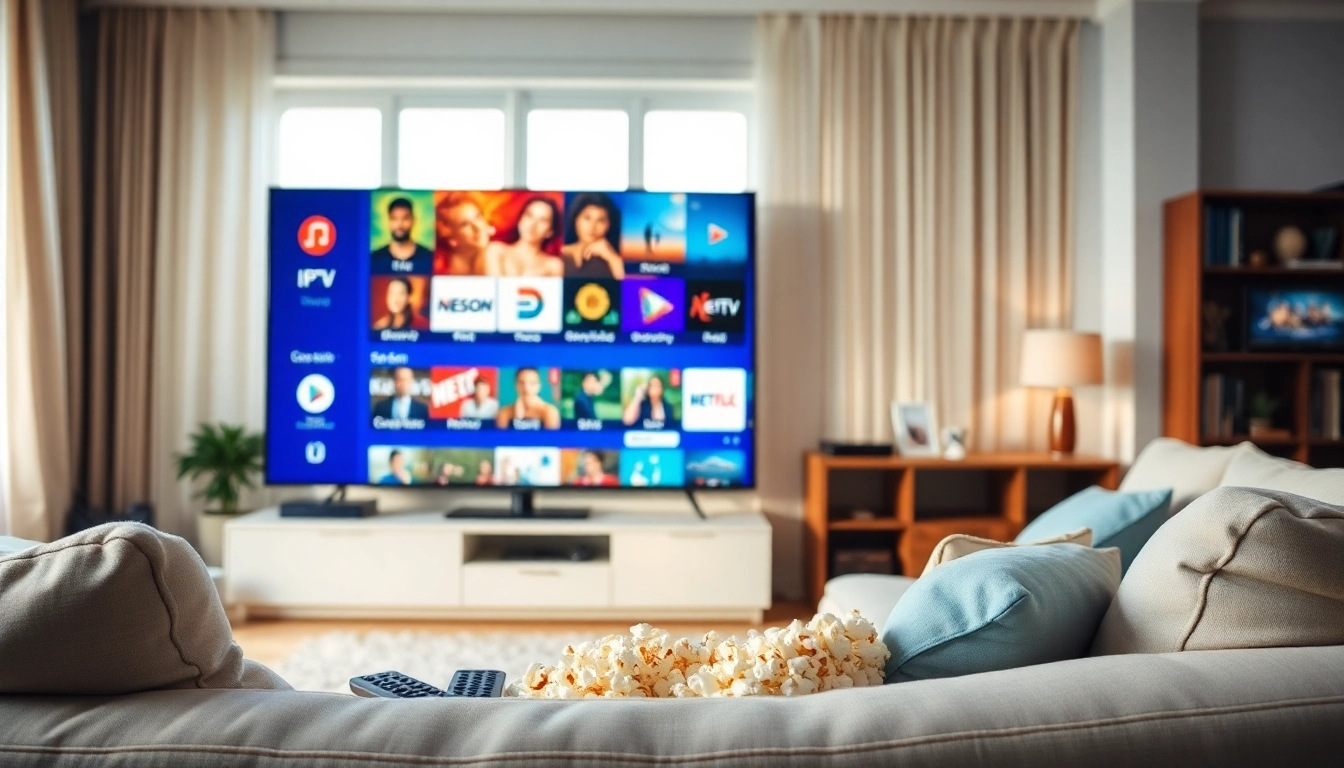 Explore IPTV Subscription USA options on a smart TV in a cozy living room with remote and snacks.