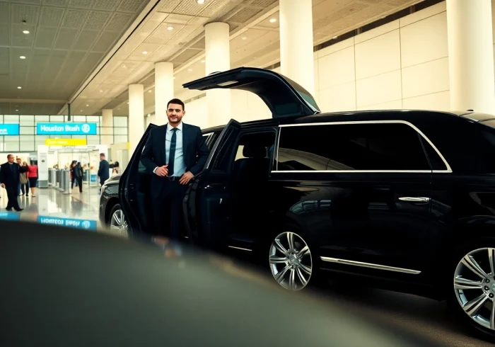 Limo service Houston Bush Airport offers professional chauffeurs welcoming passengers at the terminal entrance.
